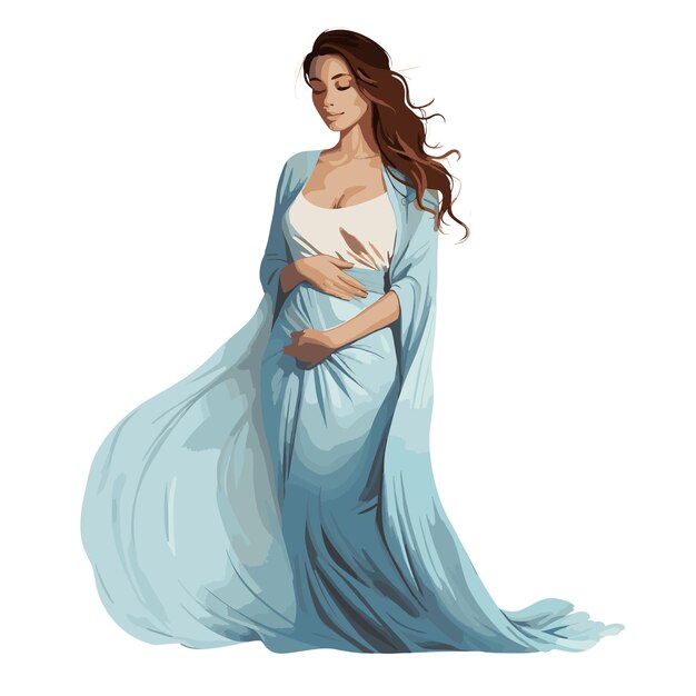 Bela mulher grávida vestindo um longo vestido azul-céu segurando sua barriga