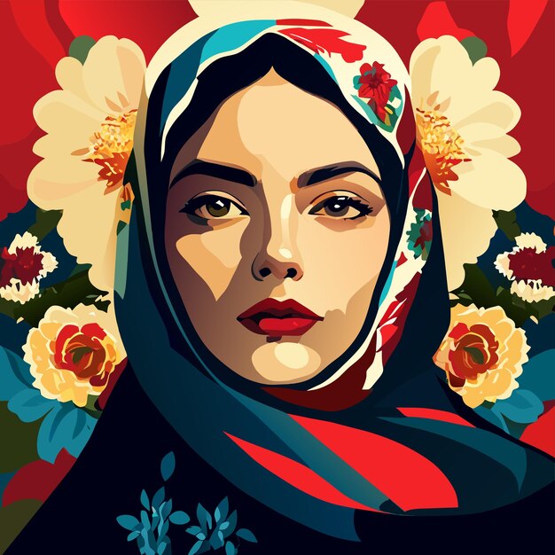Vetor bela mulher iraniana vestindo hijab com olhar orgulhoso protestos pela liberdade das mulheres desenhados à mão