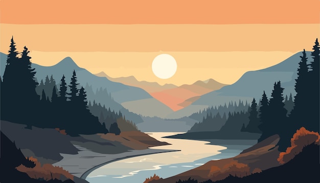 Bela paisagem com rio e montanhas no pôr-do-sol Ilustração vetorial