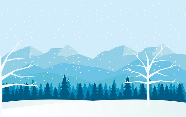 Bela paisagem de inverno azul com árvores e montanhas ilustração cena