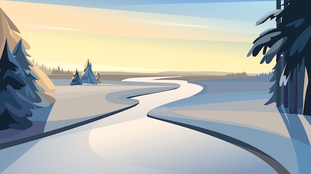 Bela paisagem de inverno do rio frozen ao pôr do sol