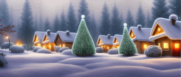 Vetor bela paisagem de inverno, fabulosas casas encantadoras com luz quente nas janelas do vale nevado em