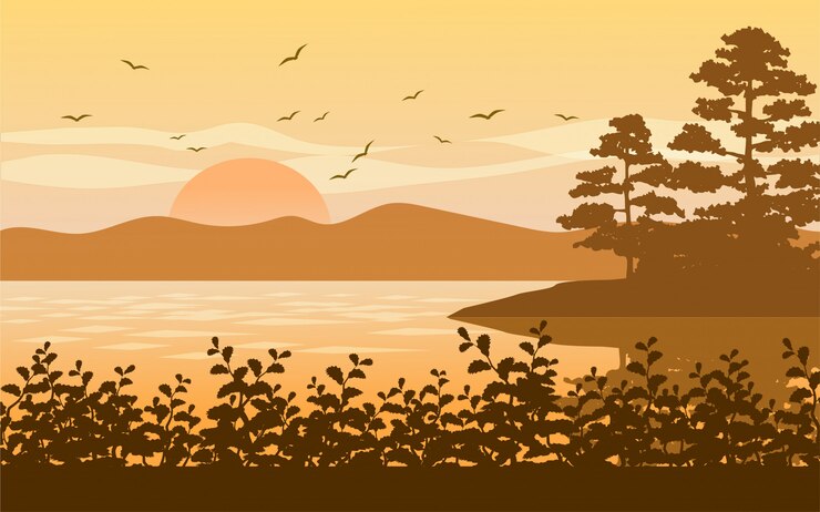 Vetor bela paisagem do lago ao pôr do sol