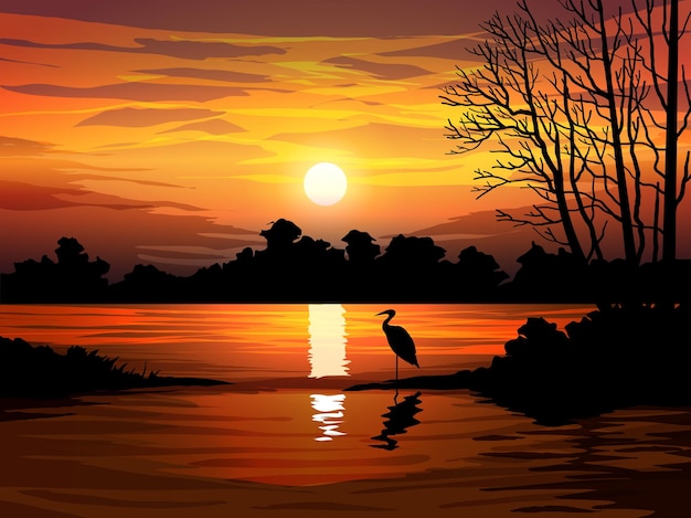 Vetor bela paisagem do pôr do sol no lago com floresta