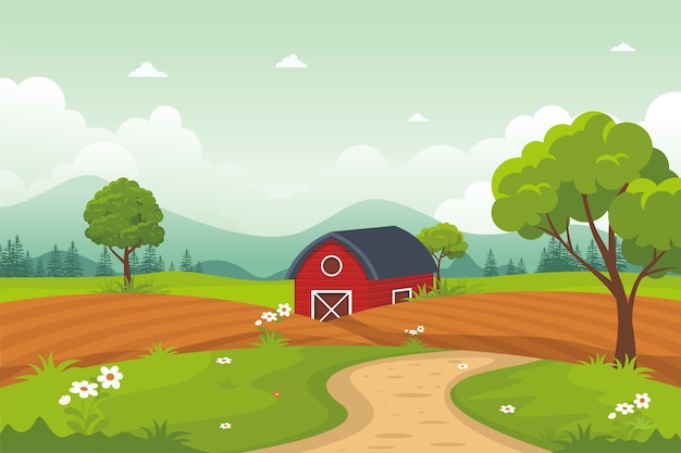 Bela paisagem Rural de Agricultura e Pecuária, fofa e moderna com design plano