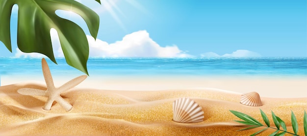 Bela praia de verão com plantas tropicais em ilustração 3D