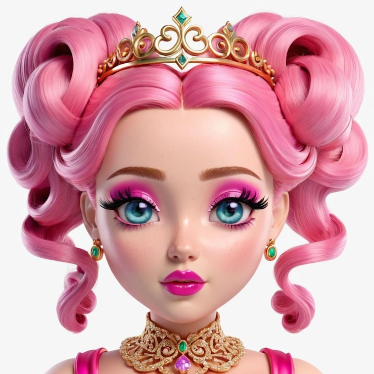 Vetor bela rainha com cabelos rosados longos e ondulados, olhos brilhantes e jóias de ouro.