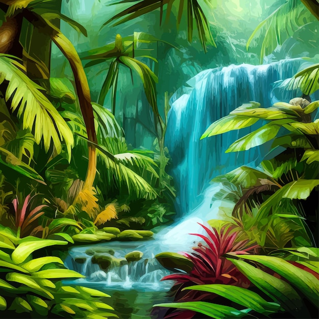 Vetor bela selva tropical de floresta de desenho animado com ilustração vetorial de paisagem de cachoeira de vida selvagem