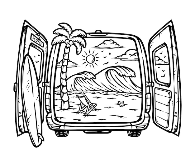Vetor bela vista da praia na ilustração da linha do carro