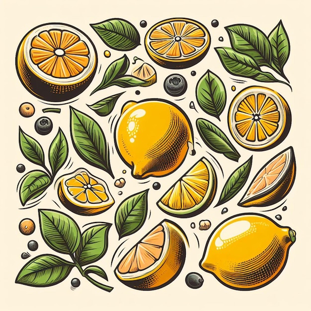 Belas cores frescas limão limão frutas suculentas papel de parede ilustração vetorial ilustração de desenho