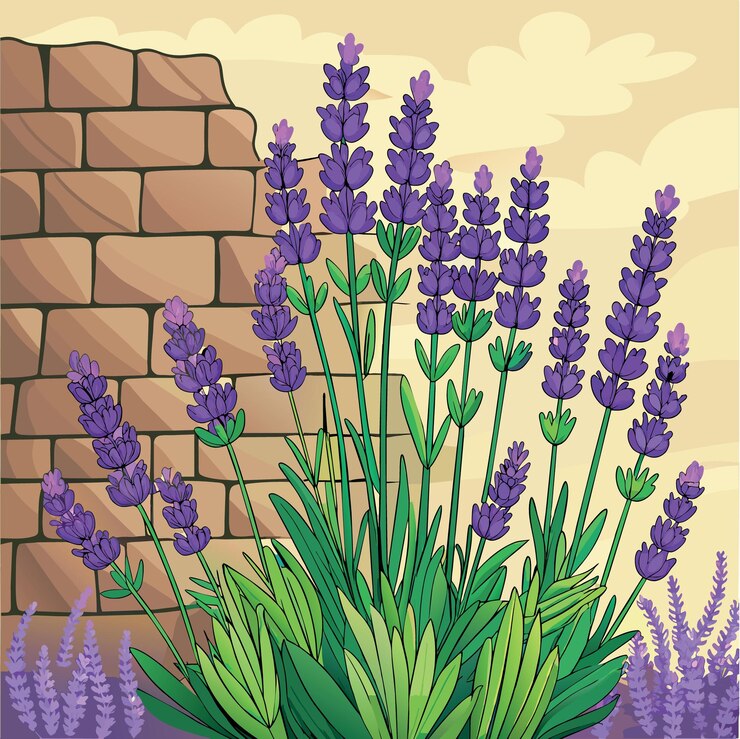 Vetor belas flores de lavanda lavandula stoechas com espaço de cópia de parede de pedra