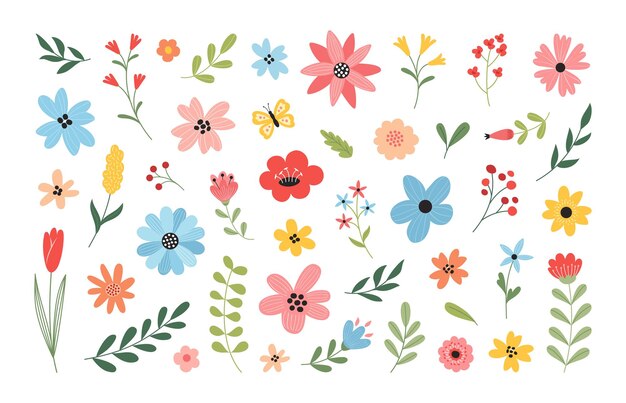 Vetor belas flores de primavera e verão set de folhas, plantas, galhos, buquês florais ilustração vetorial