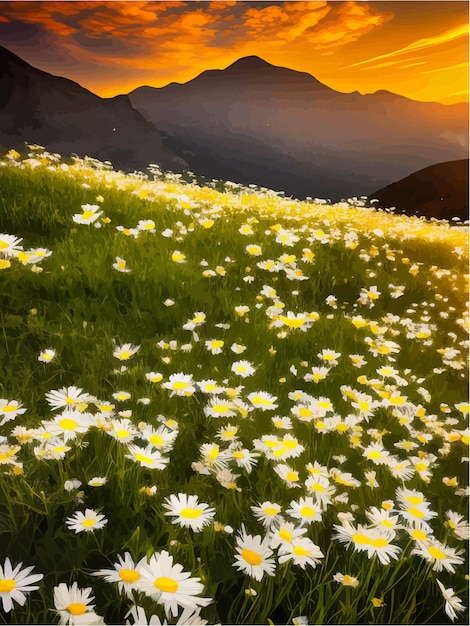 Vetor belas margaridas brancas em flor no fundo montanhas e céu ao pôr-do-sol com nuvens vetor realista