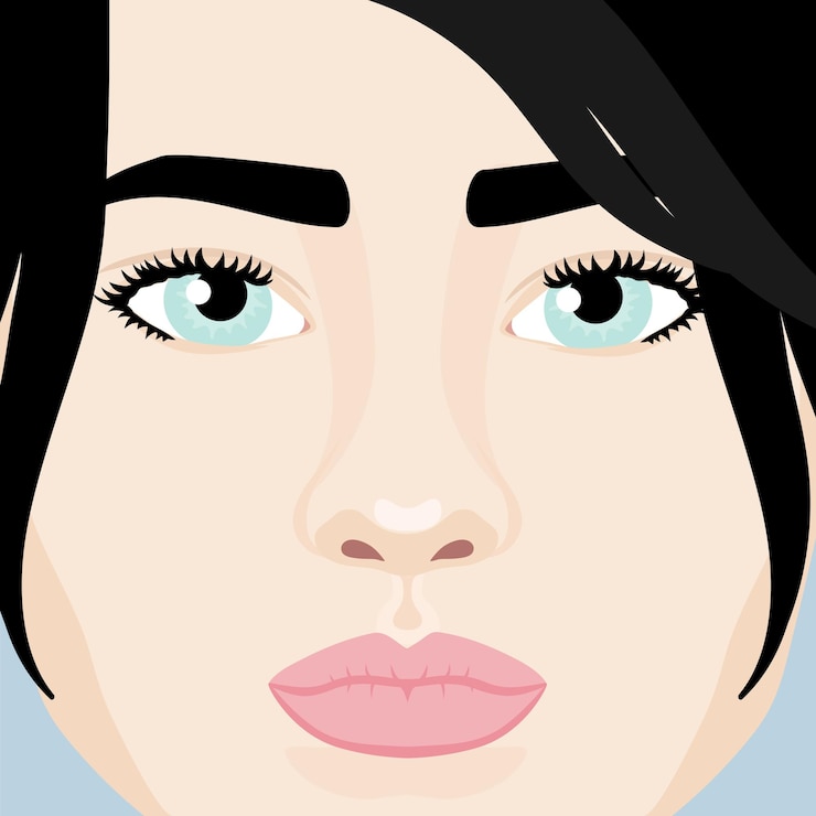 Vetor belas meninas morenas com o rosto de perto mulher com cabelo preto e olhos azuis ilustração vetorial