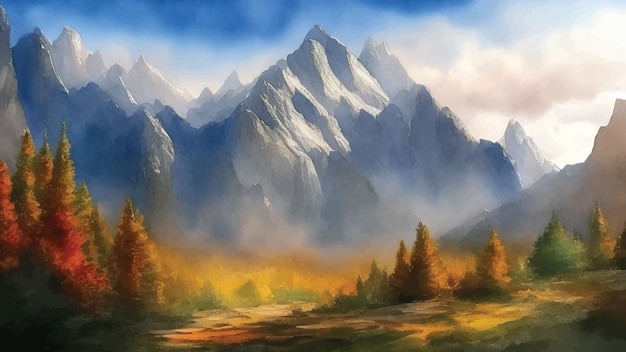 Belas montanhas paisagem pintura em aquarela ilustração vetorial