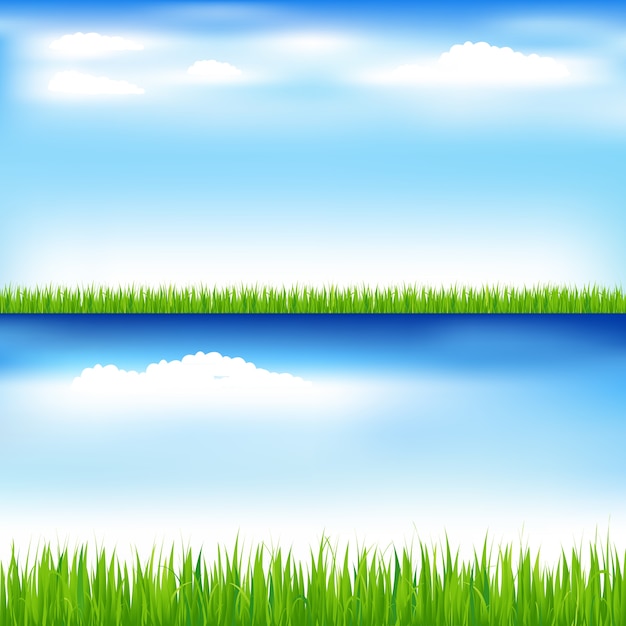 Belas paisagens com grama verde e céu azul com nuvens
