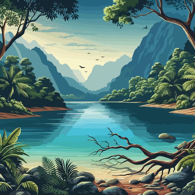 Vetor belas paisagens de aldeia natureza papel de parede estilo ilustração vetorial de verde