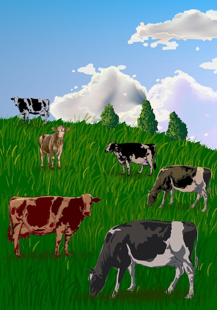 Belas paisagens de fazenda com vacas desenho a mão esboço ilustração vetorial animal de aldeia vintage