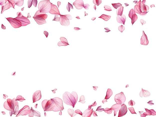Belas pétalas de flores cor-de-rosa e roxa caindo graciosamente contra um fundo branco criando uma atmosfera delicada e romântica Perfeita para desenhos com tema de primavera convites de casamento