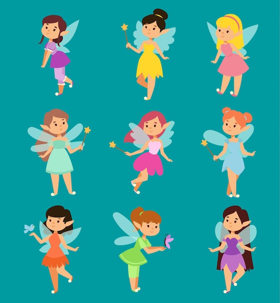 Belas princesas fadas asas de fada voam personagem varinha mágica conjunto coleção de desenhos animados