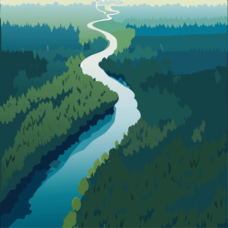 Vetor beleza paisagem rio na floresta montanhas vista superior ilustração vetorial 10 eps