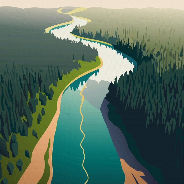 Vetor beleza paisagem rio na floresta montanhas vista superior ilustração vetorial 10 eps