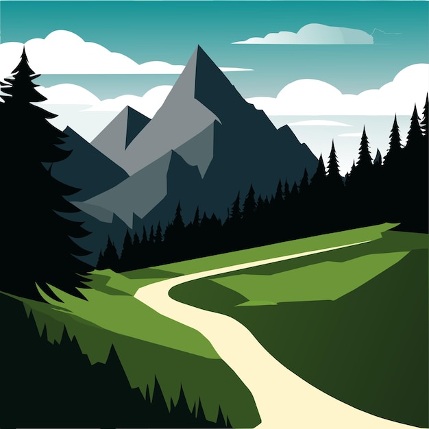 Vetor belo caminho sinuoso em prados levando a montanhas ilustração vetorial