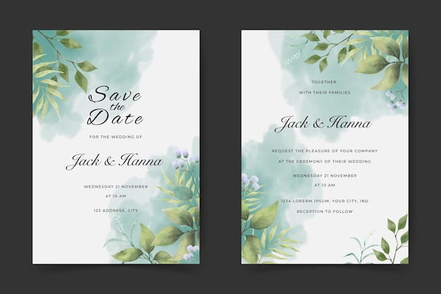 belo cartão de convite de casamento com design de folha de aquarela