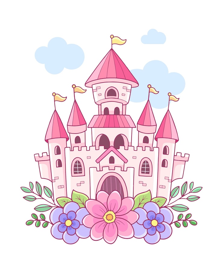 Vetor belo castelo com ilustração de flores