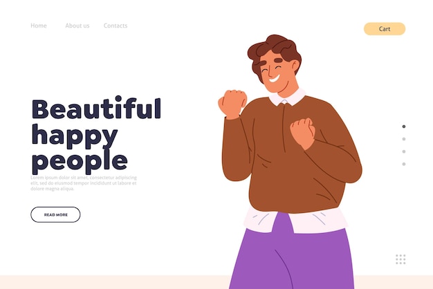Belo conceito de pessoas felizes da página inicial com um jovem animado segurando punhos expressando alegria