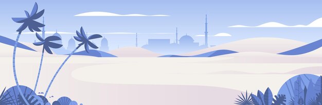 Belo deserto de verão com ilustração vetorial horizontal de paisagem urbana muçulmana de palmas