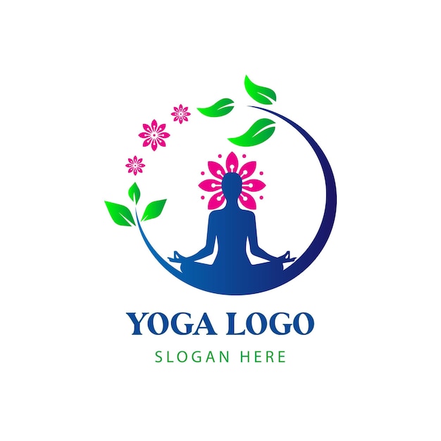 Belo design de logotipo de ioga com folhas verdes e flores cor de rosa