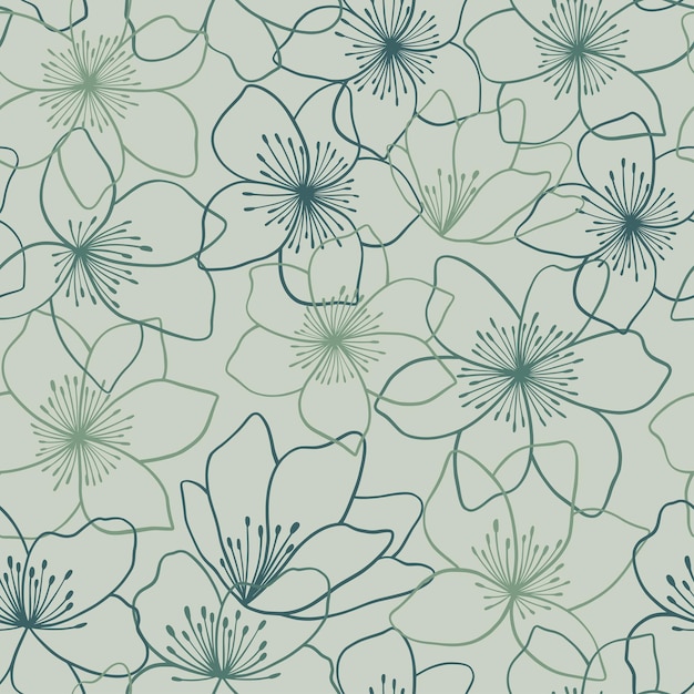 Belo design de padrão floral sem costura em estilo desenhado à mão. flores lineares repetem a textura. verde