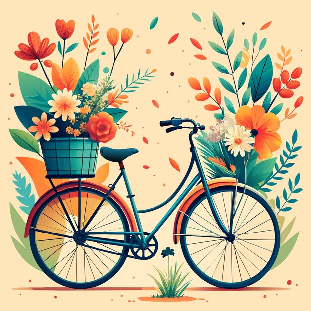 Belo design minimalista de bicicleta para mulheres com flores pastel na cesta da frente