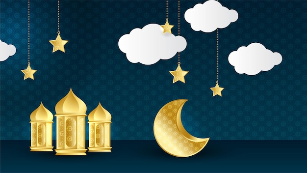 Belo fundo de design de ramadan kareem islâmico de ouro azul de luxo realista com padrão de mandala pendurando lua e estrela