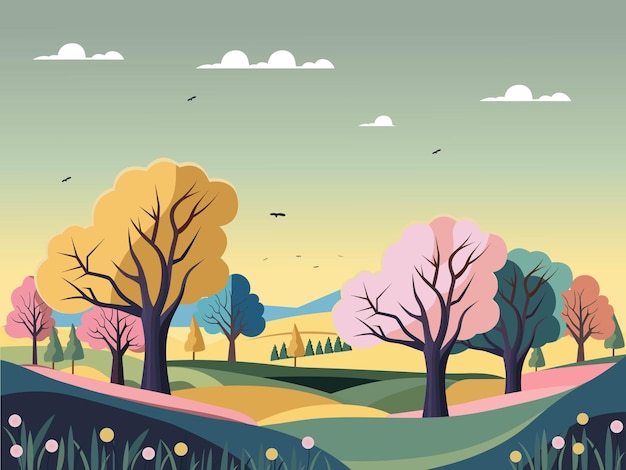 Belo fundo de paisagem natural com árvores voando pássaros