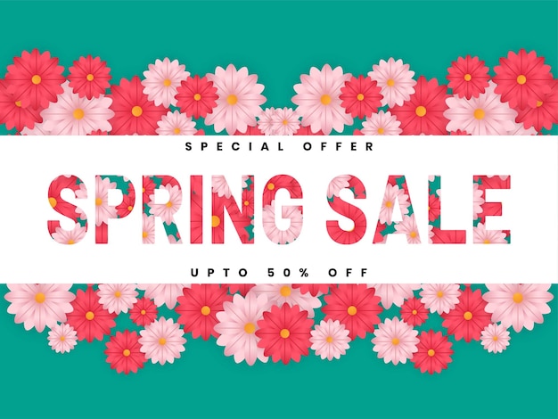 Belo fundo floral hello spring sale ilustração em vetor logotipo de corte de papel em negrito