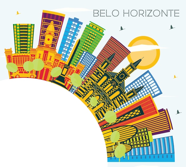 Belo horizonte brasil skyline com edifícios de cor, céu azul e espaço de cópia. ilustração vetorial. viagem de negócios e conceito de turismo com arquitetura moderna. belo horizonte paisagem urbana com marcos.