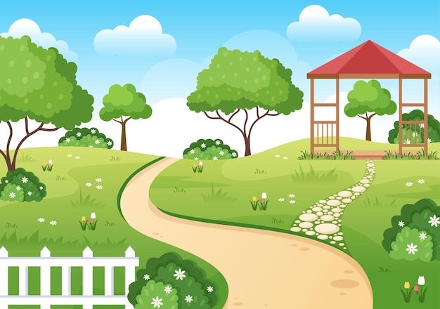 Vetor belo jardim cartoon ilustração de fundo com uma paisagem natureza de plantas e grama verde