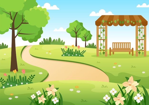 Vetor belo jardim cartoon ilustração de fundo com uma paisagem natureza de plantas e grama verde