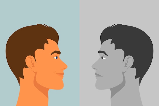 Vetor belo jovem com transtorno bipolar alegre e triste feliz e infeliz homem de duas faces mostrando dois humores diferentes euforia e depressão vector cartoon em estilo simples vista lateral