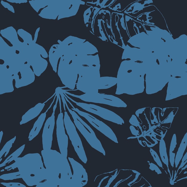 Belo padrão de desenho à mão livre de folhas tropicais esboço de folhas de monstera e outras plantas tropicais padrão têxtil de tema denim azul escuro ilustração vetorial eps8