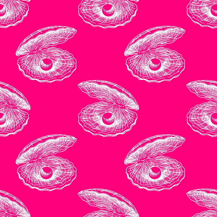 Vetor belo padrão rosa sem emenda de conchas com pérolas. ilustração desenhada à mão