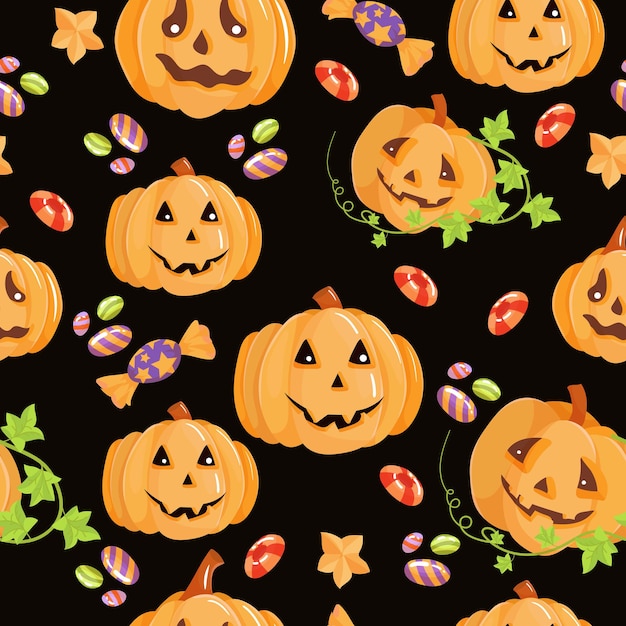 Belo padrão sem emenda. doces, abóboras, doces. conjunto de elementos para a celebração do halloween. ilustração vetorial isolada no fundo branco.