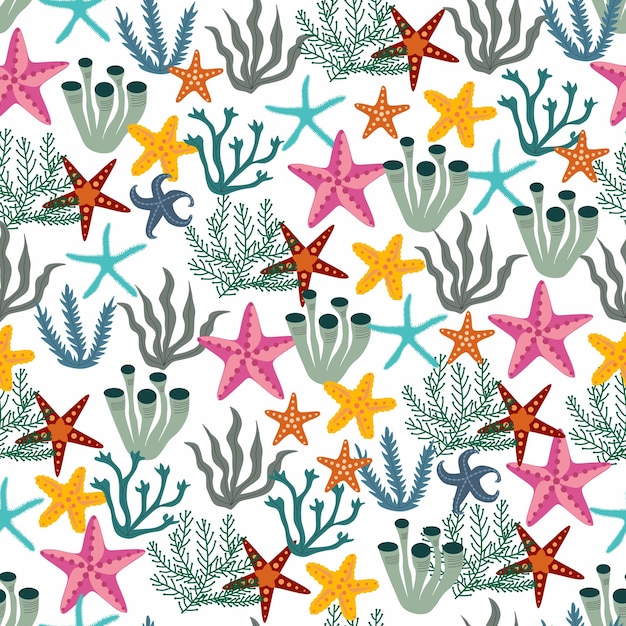 Belo padrão tropical vetorial perfeito com corais, algas marinhas e estrelas do mar