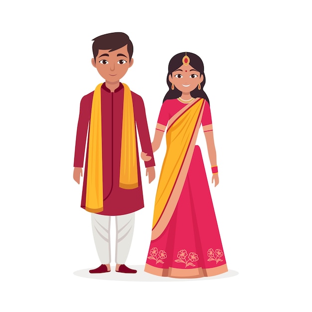 Belo personagem de casal de noivos vestindo trajes tradicionais em pose de pé