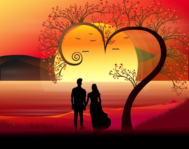 Belo pôr do sol da natureza fundo do dia dos namorados com casal amoroso fofo romântico e árvore do coração