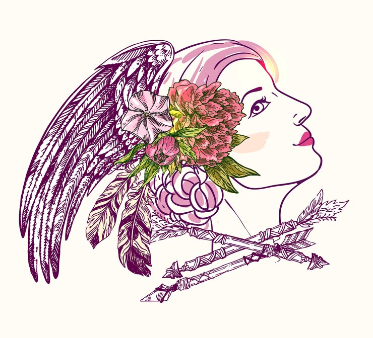 Vetor belo rosto de mulher de ilustração desenhada à mão com flecha de flores e penas retrato de moda desenho estilo boho