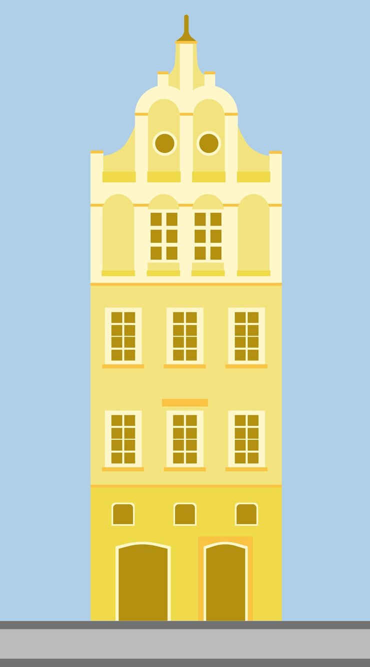 Vetor belo vetor da velha casa amarela, fachada de edifício de estilo vitoriano retrô.