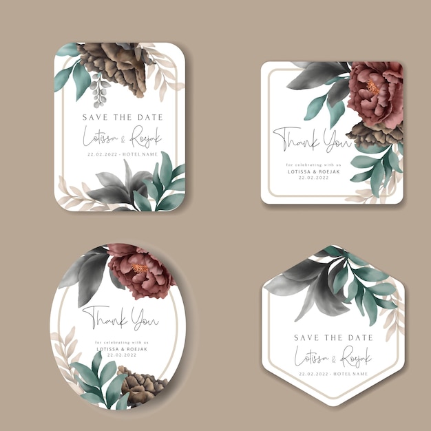 Belos cartões de coleção de rótulos e adesivos com elegantes aquarelas florais